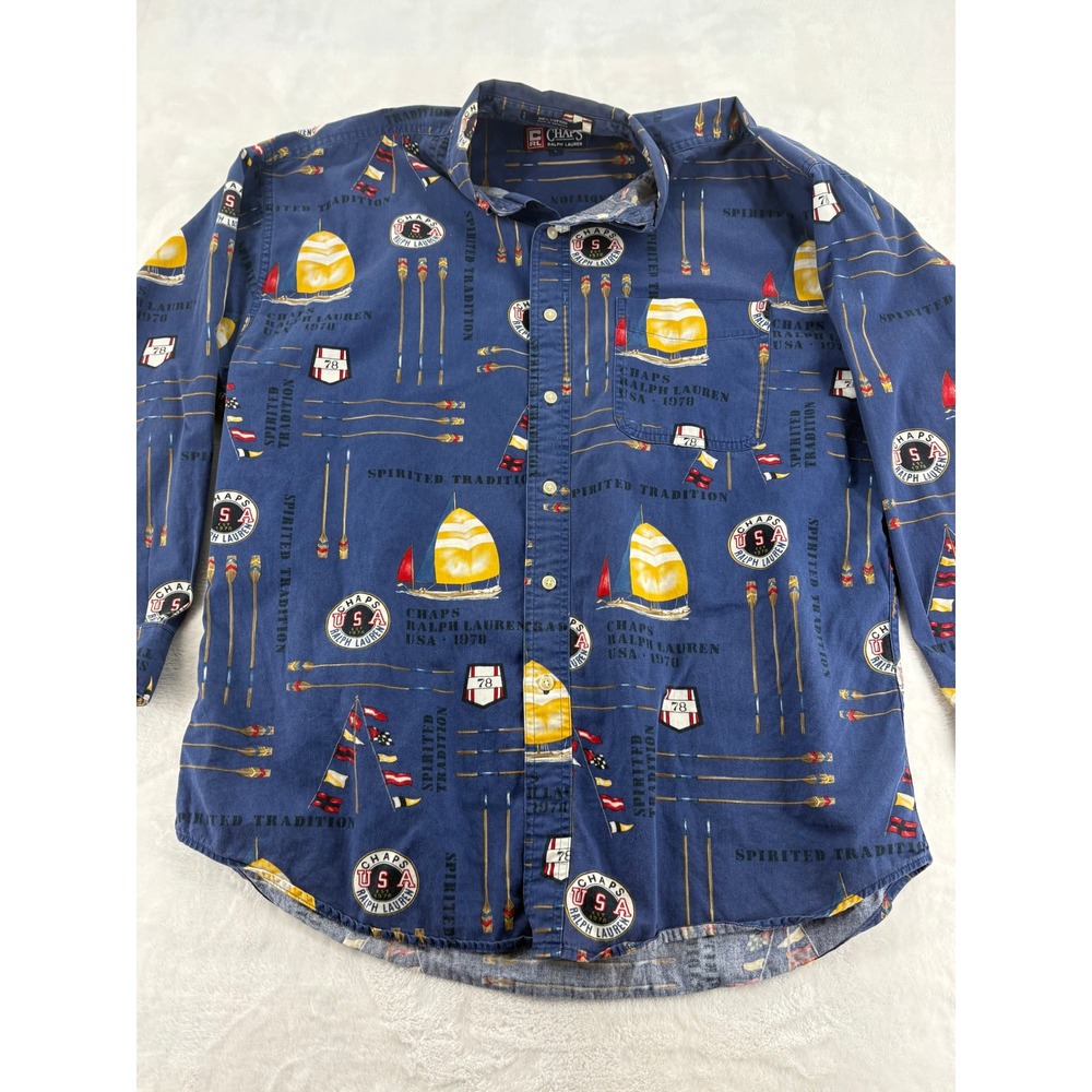Chaps‎ Button Up Mens Large Shirt Nautical Sailboat Spirited Tradition Cotton